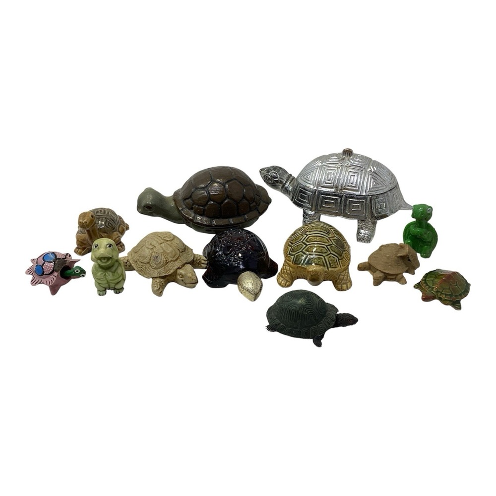 Mixed Material (11) Turtle Mini Figurines Chalkware, Porcelain, Glass, , Wood
